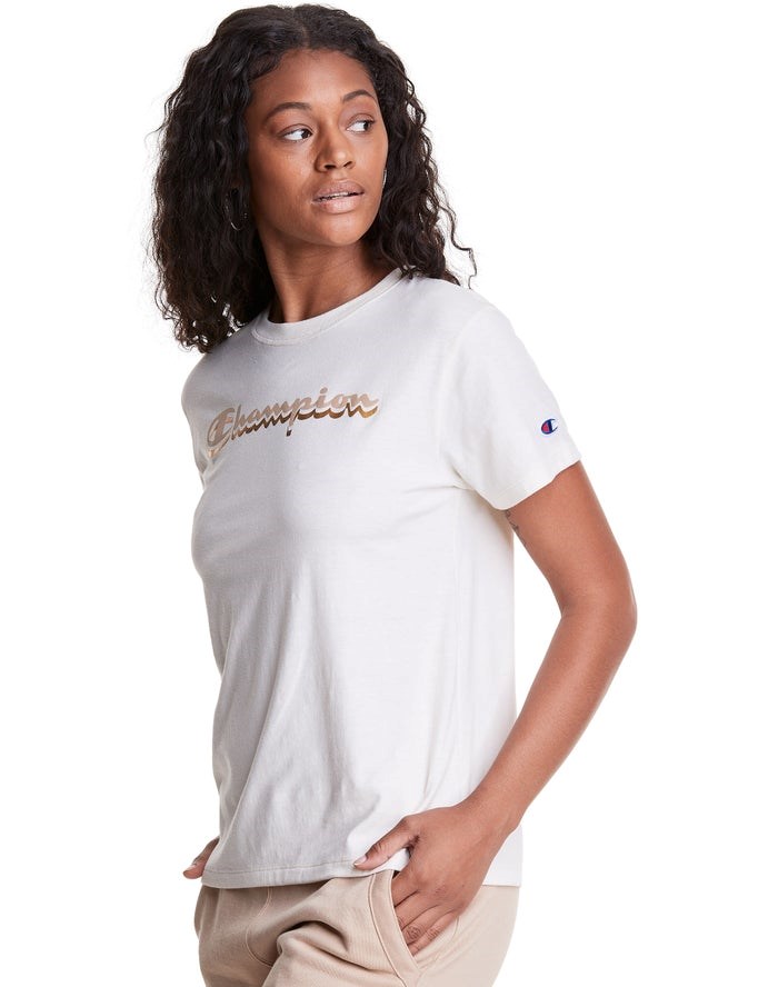 Champion Klassiska Drop Shadow Foil Script Logo T-shirt Dam Vita | 4971280-XC