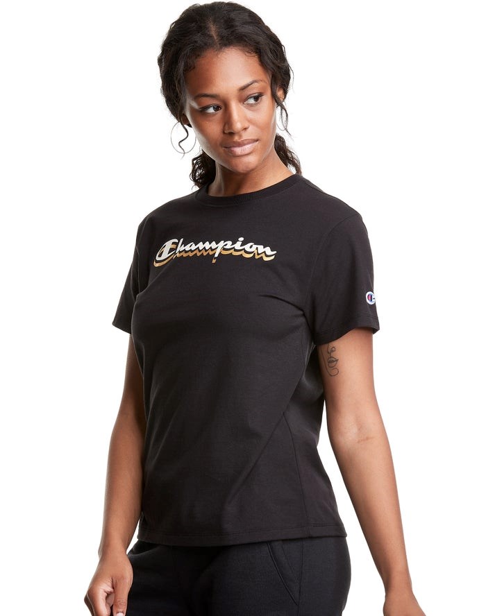 Champion Klassiska Drop Shadow Foil Script Logo T-shirt Dam Svarta | 6724385-PF