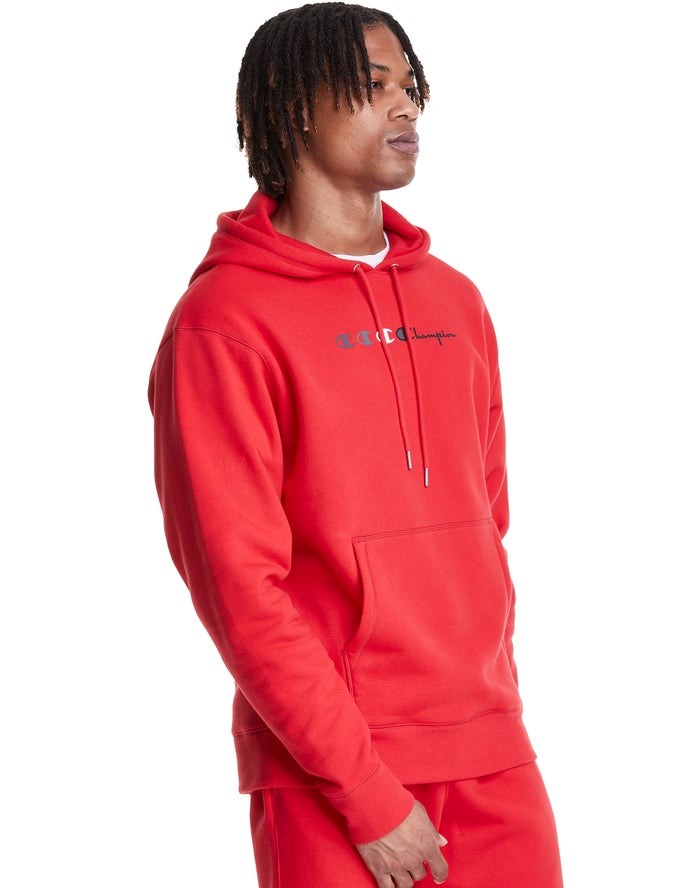 Champion Klassiska Fleece Triple Logo Hoodie Herr Röda | 4532781-ZR