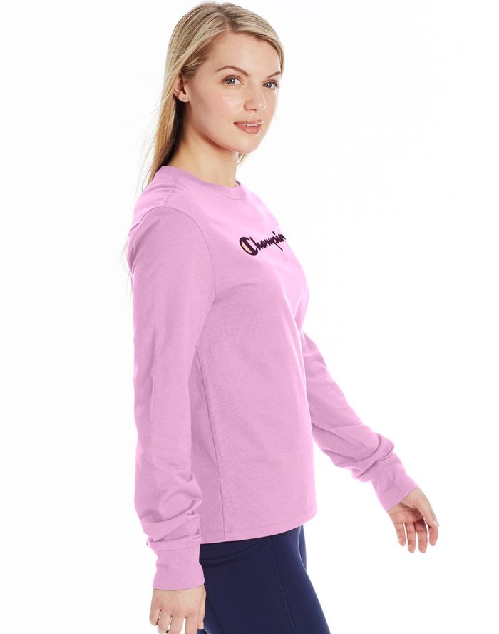 Champion Klassiska Long-Sleeve Script Logo T-shirt Dam Rosa | 0437916-OZ