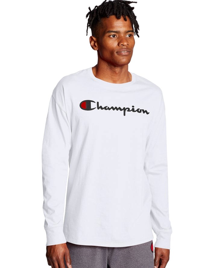 Champion Klassiska Long-Sleeve Script Logo T-shirt Herr Vita | 3279560-WC