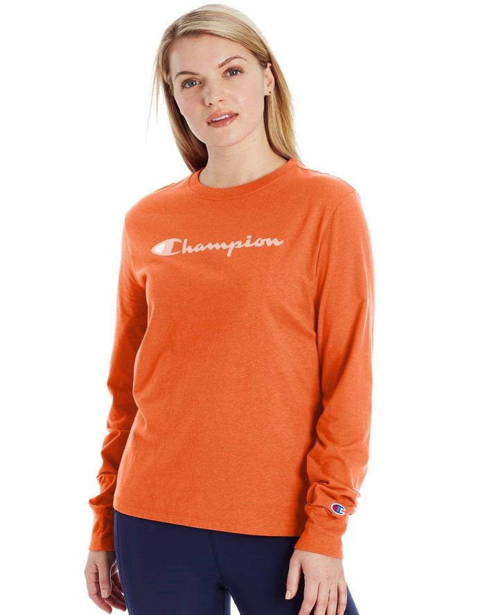 Champion Klassiska Long-Sleeve Script Logo T-shirt Dam Orange | 5847612-AQ