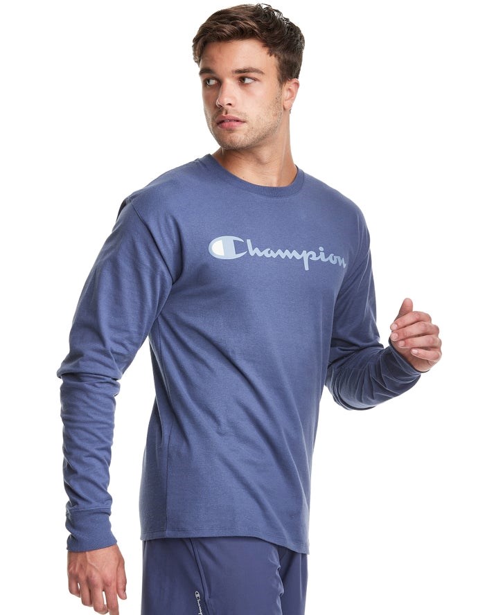 Champion Klassiska Long-Sleeve Script Logo T-shirt Herr Blå | 6378502-XG