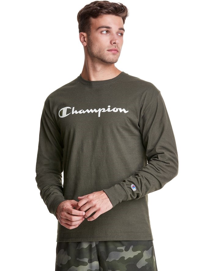 Champion Klassiska Long-Sleeve Script Logo T-shirt Herr Olivgröna | 7586012-MT