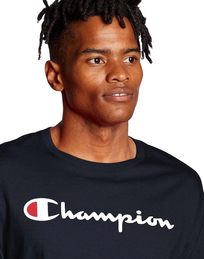 Champion Klassiska Long-Sleeve Script Logo T-shirt Herr Marinblå | 7645139-LT