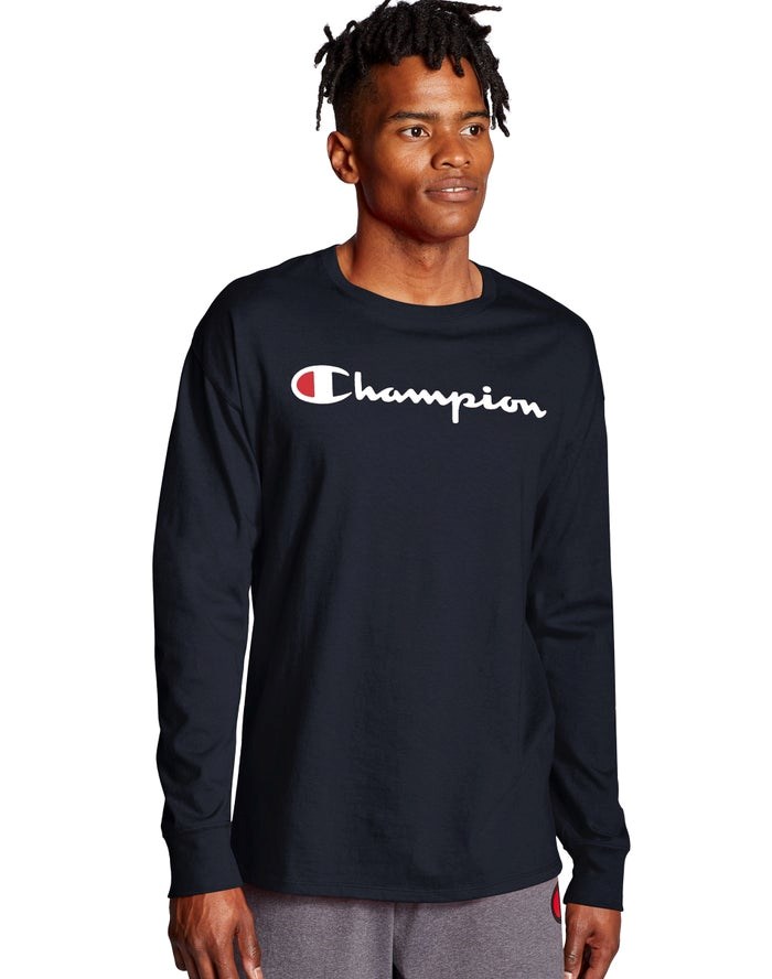 Champion Klassiska Long-Sleeve Script Logo T-shirt Herr Marinblå | 7645139-LT