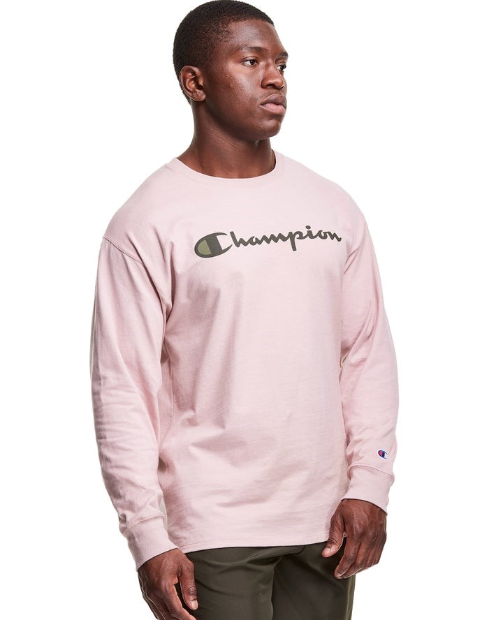 Champion Klassiska Long-Sleeve Script Logo T-shirt Herr Rosa | 7935846-VW