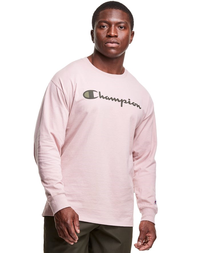 Champion Klassiska Long-Sleeve Script Logo T-shirt Herr Rosa | 7935846-VW