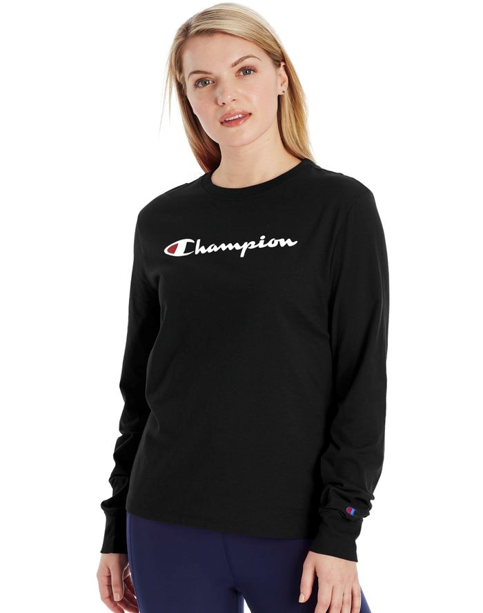 Champion Klassiska Long-Sleeve Script Logo T-shirt Dam Svarta | 9128507-EI