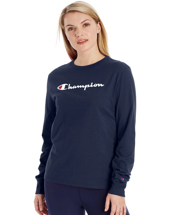 Champion Klassiska Long-Sleeve Script Logo T-shirt Dam Marinblå | 9143876-XP