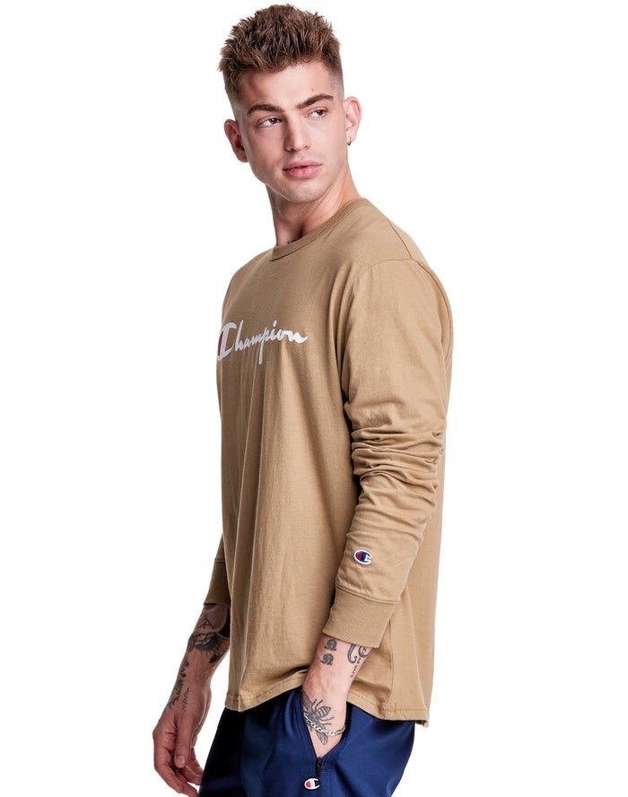 Champion Long-Sleeve Lätta Script Logo T-shirt Herr Khaki | 4297806-UY