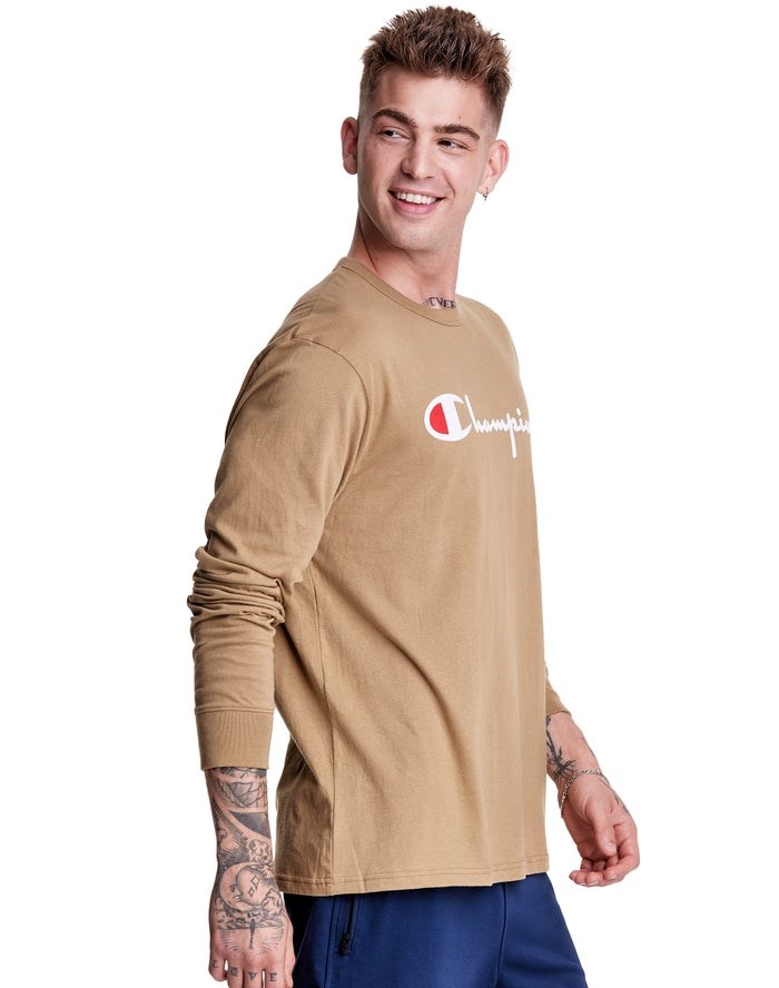 Champion Long-Sleeve Lätta Script Logo T-shirt Herr Khaki | 4297806-UY