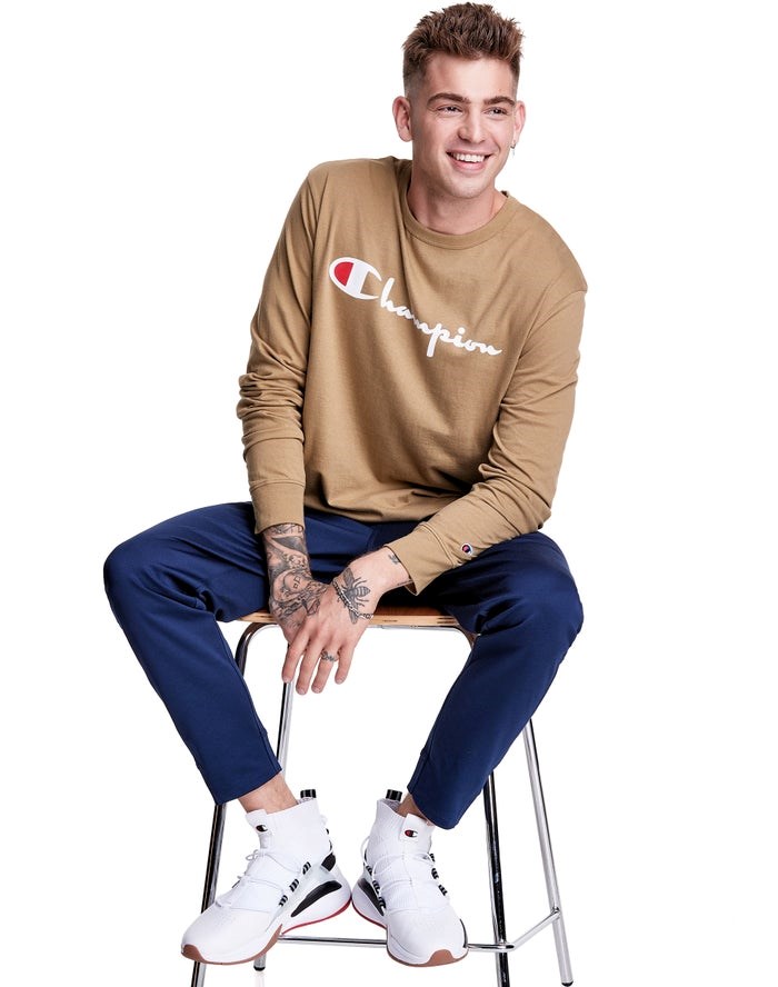 Champion Long-Sleeve Lätta Script Logo T-shirt Herr Khaki | 4297806-UY