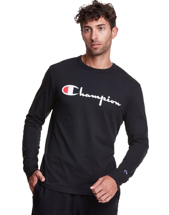 Champion Long-Sleeve Lätta Script Logo T-shirt Herr Svarta | 5349062-GE