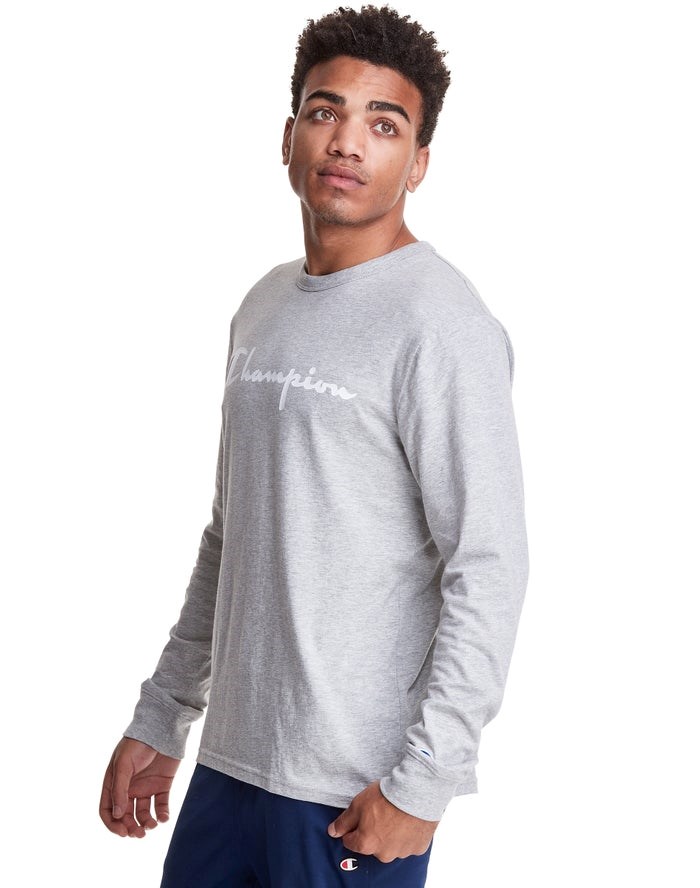 Champion Long-Sleeve Lätta Script Logo T-shirt Herr Grå | 9084723-VQ