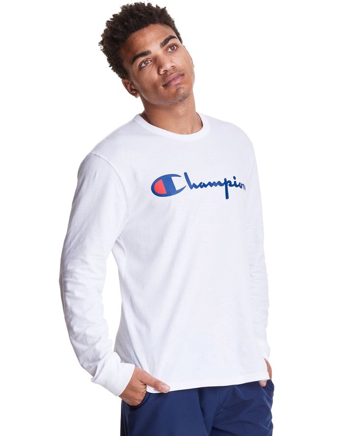 Champion Long-Sleeve Lätta Script Logo T-shirt Herr Vita | 9138470-YP