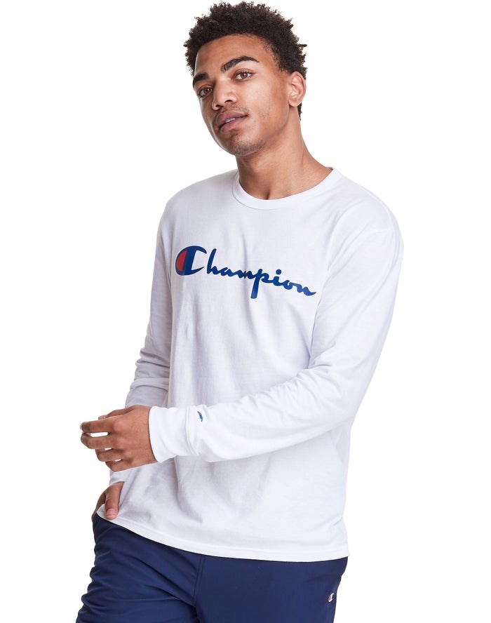 Champion Long-Sleeve Lätta Script Logo T-shirt Herr Vita | 9138470-YP