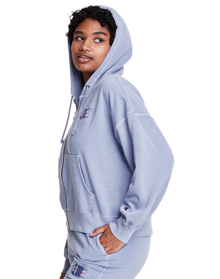 Champion Lätta Fleece Full Zip Boxy Hoodie Dam Ljusblå | 7103524-KQ