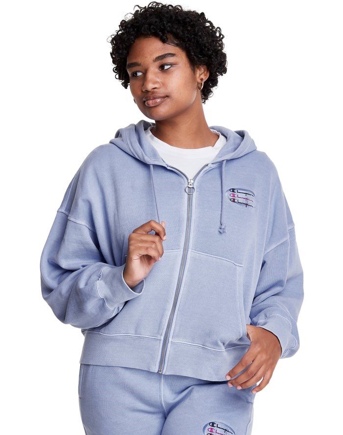 Champion Lätta Fleece Full Zip Boxy Hoodie Dam Ljusblå | 7103524-KQ