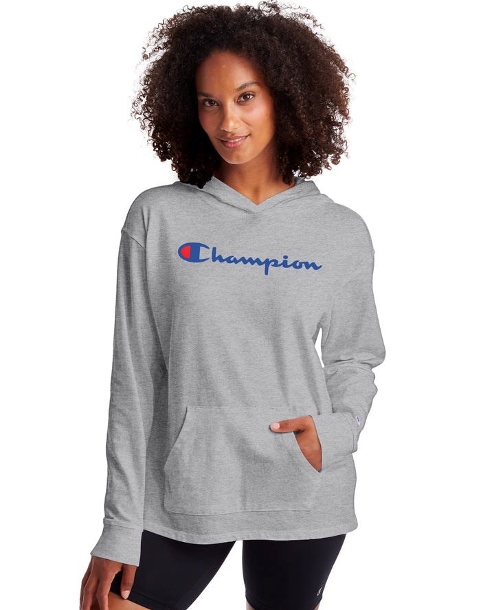 Champion Midweight Jersey Script Logo Hoodie Dam Grå | 7640531-CS