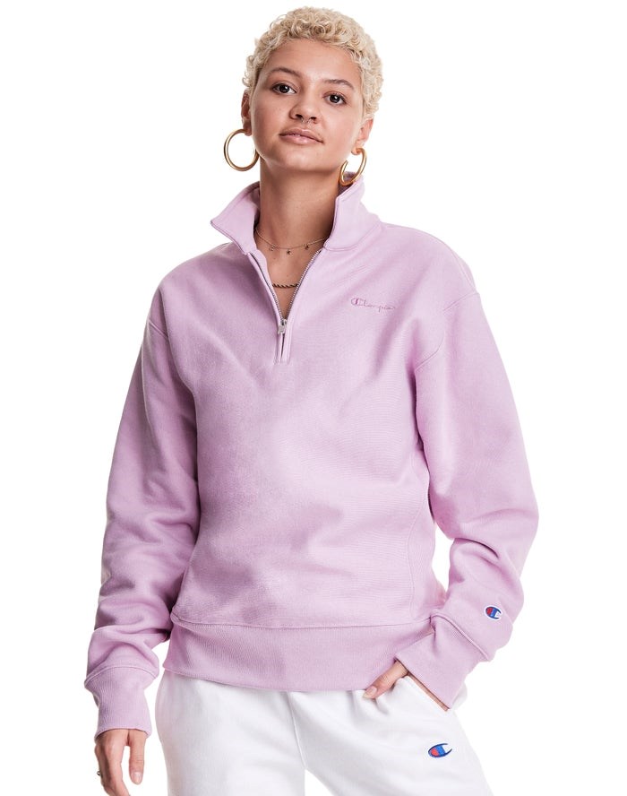 Champion Oversized Reverse Weave 1/4 Zip Script Logo T-shirt Dam Rosa | 0847216-FT