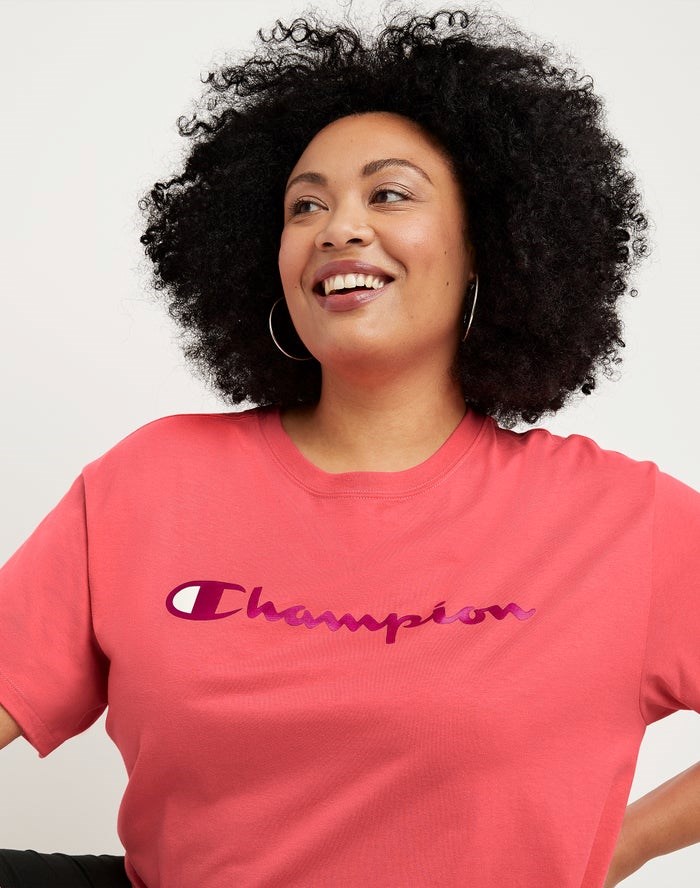 Champion Plus Cropped Script C Logo T-shirt Dam Korall | 2519084-VL