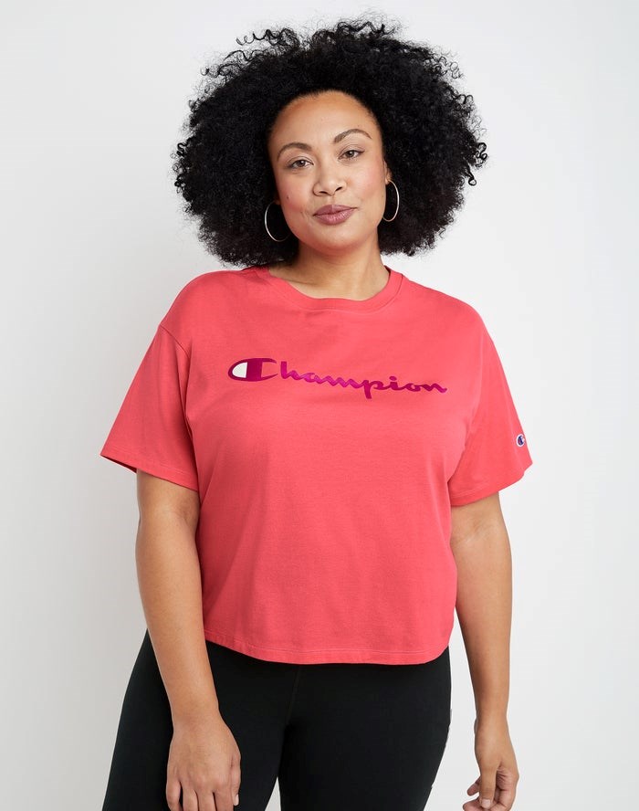 Champion Plus Cropped Script C Logo T-shirt Dam Korall | 2519084-VL