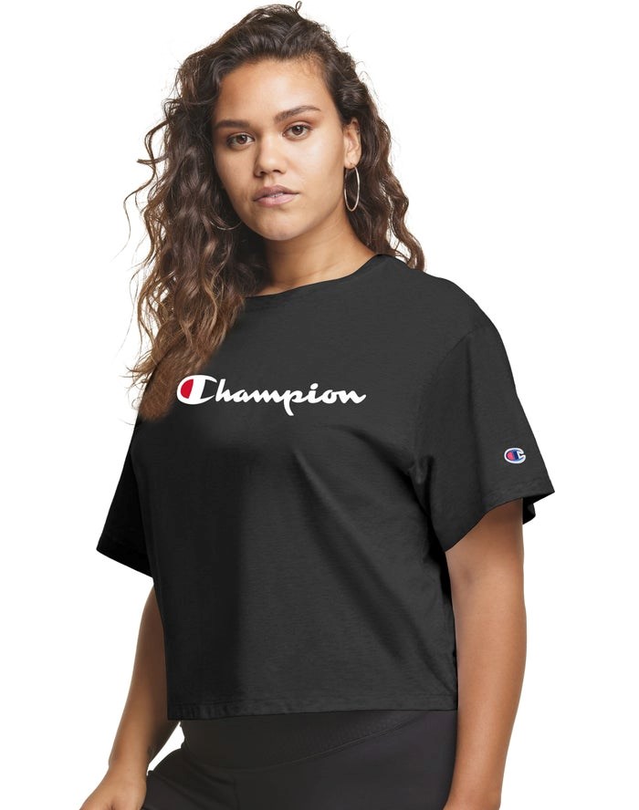 Champion Plus Cropped Script C Logo T-shirt Dam Svarta | 6381705-DN