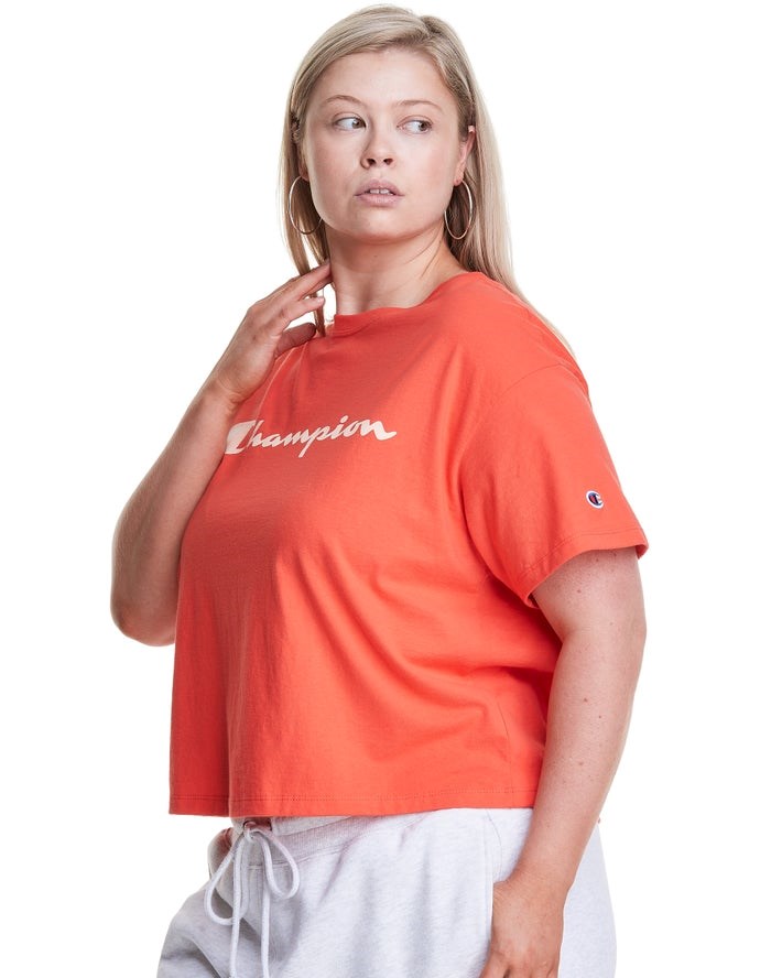 Champion Plus Cropped Script C Logo T-shirt Dam Orange | 6805942-GW