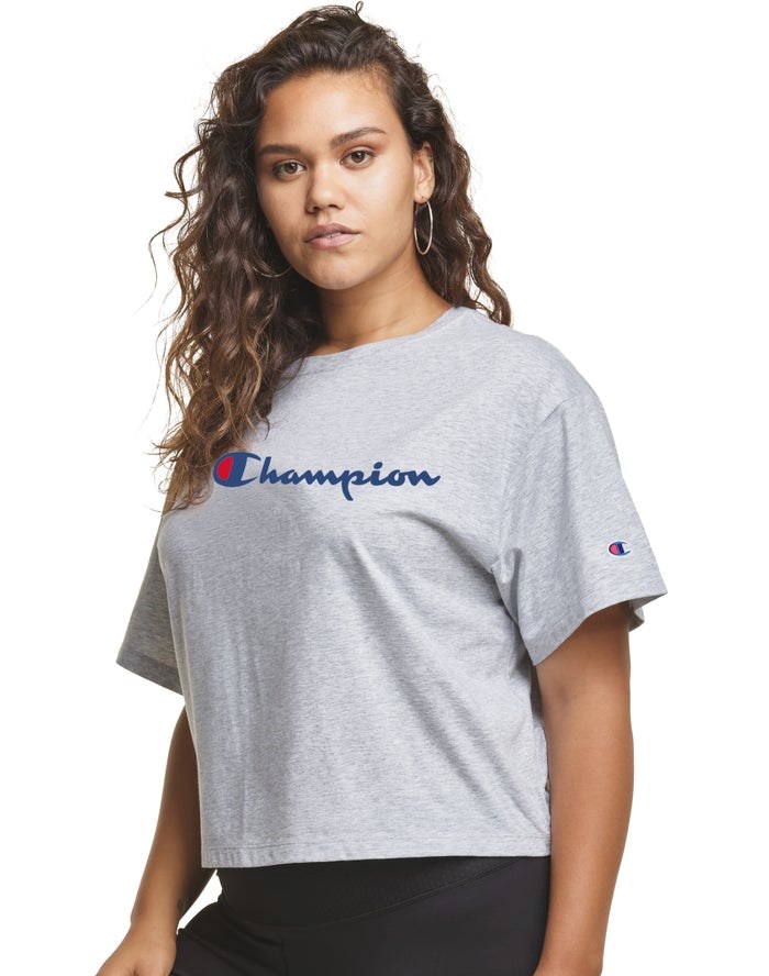 Champion Plus Cropped Script C Logo T-shirt Dam Grå | 9786430-WO