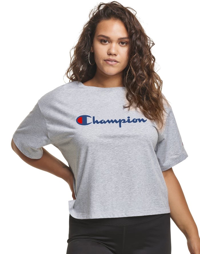 Champion Plus Cropped Script C Logo T-shirt Dam Grå | 9786430-WO