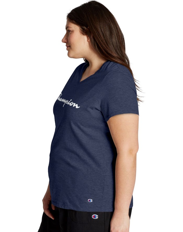 Champion Plus Jersey V-Neck Script Logo T-shirt Dam Marinblå | 4032596-RW