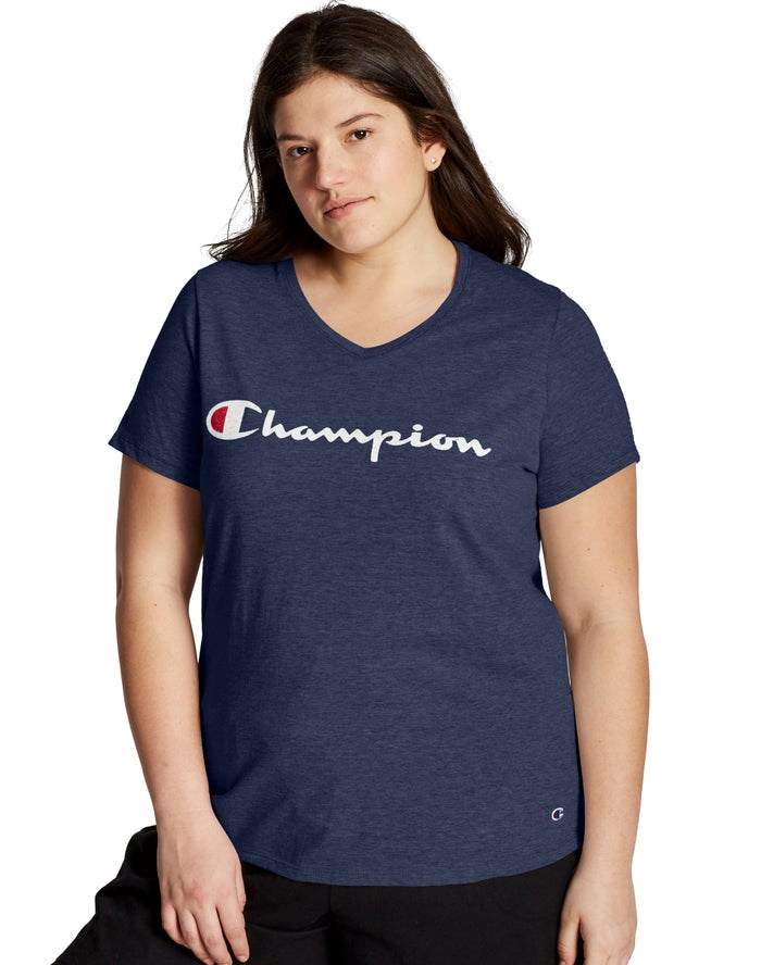 Champion Plus Jersey V-Neck Script Logo T-shirt Dam Marinblå | 4032596-RW