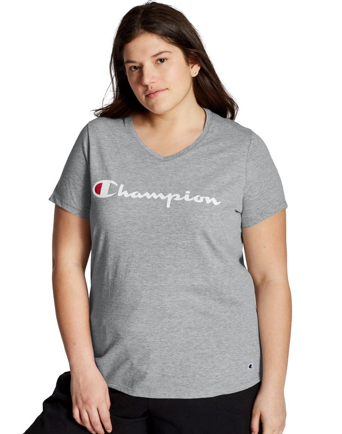 Champion Plus Jersey V-Neck Script Logo T-shirt Dam Grå | 5680294-OA