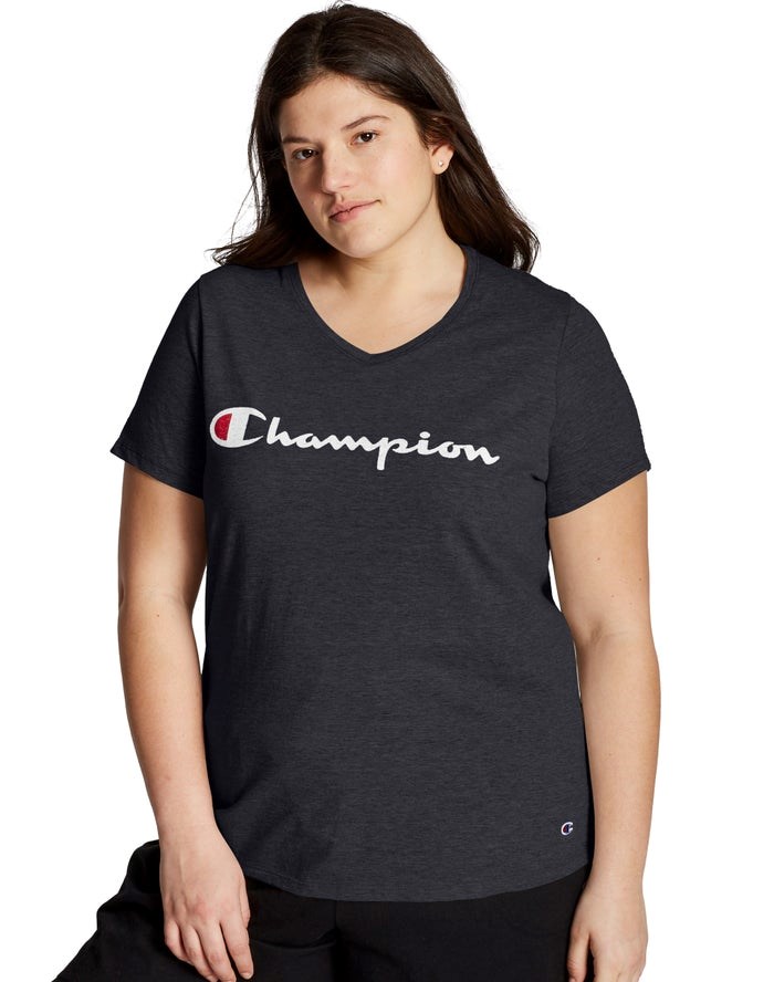 Champion Plus Jersey V-Neck Script Logo T-shirt Dam Svarta | 9845126-ZE