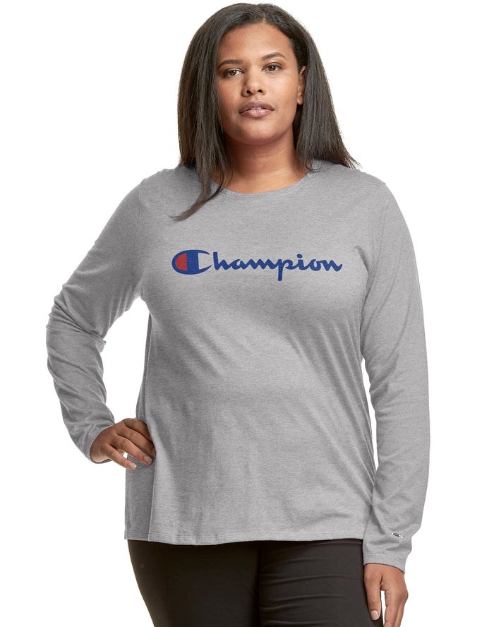 Champion Plus Klassiska Long-Sleeve Script Logo Blast Dam Grå | 4702639-WZ