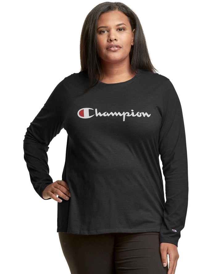 Champion Plus Klassiska Long-Sleeve Script Logo Blast Dam Svarta | 7209438-CF