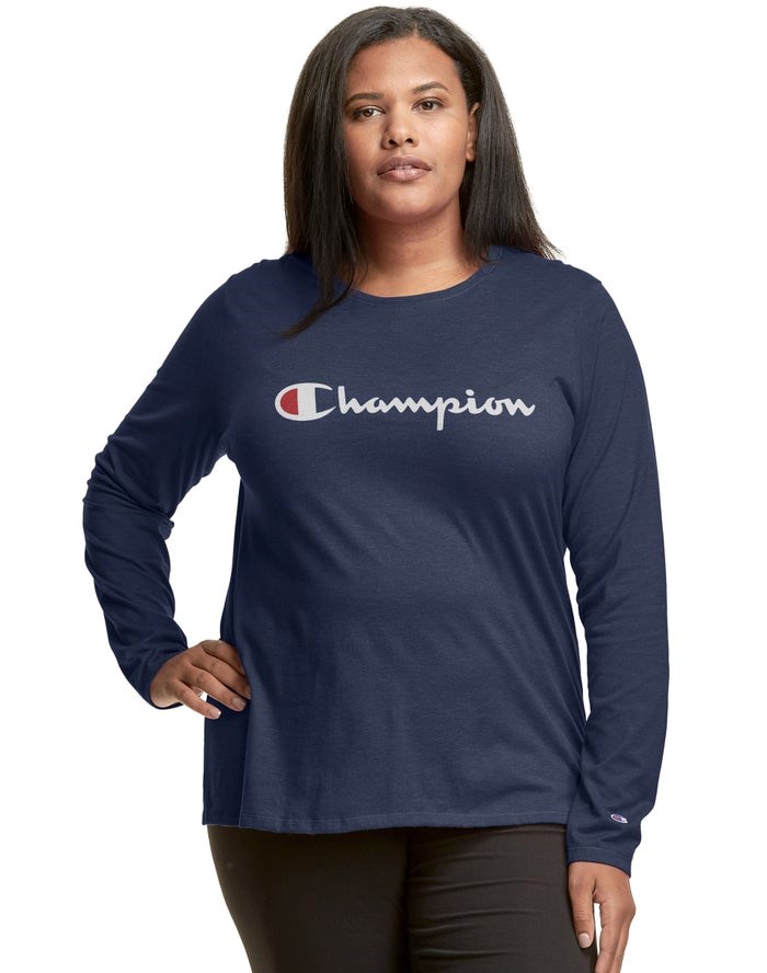 Champion Plus Klassiska Long-Sleeve Script Logo Blast Dam Marinblå | 9314287-DV