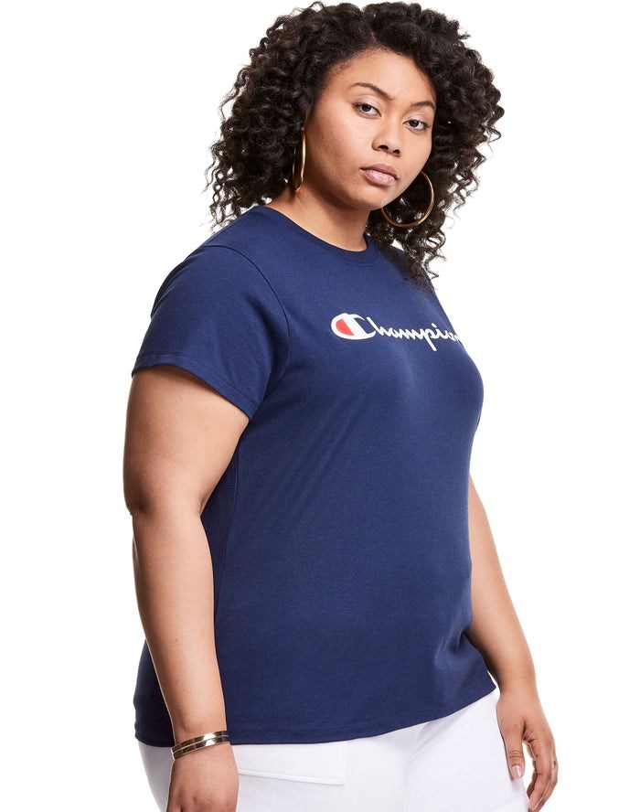 Champion Plus Klassiska Script Logo T-shirt Dam Marinblå | 0678254-AF