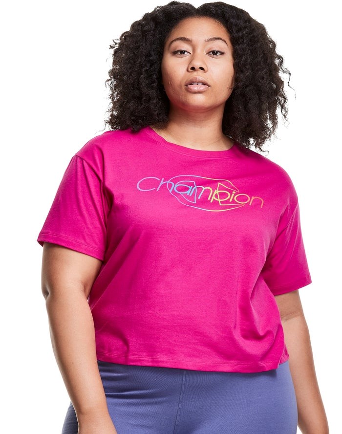 Champion Plus Lätta Cropped Rainbow Logo T-shirt Dam Rosa | 9604275-YO