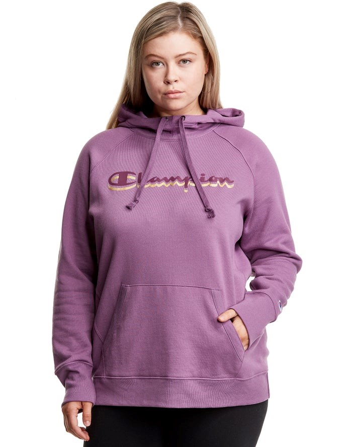 Champion Plus Powerblend Fleece Drop Shadow Foil Script Logo Hoodie Dam Rosa | 0926175-KS