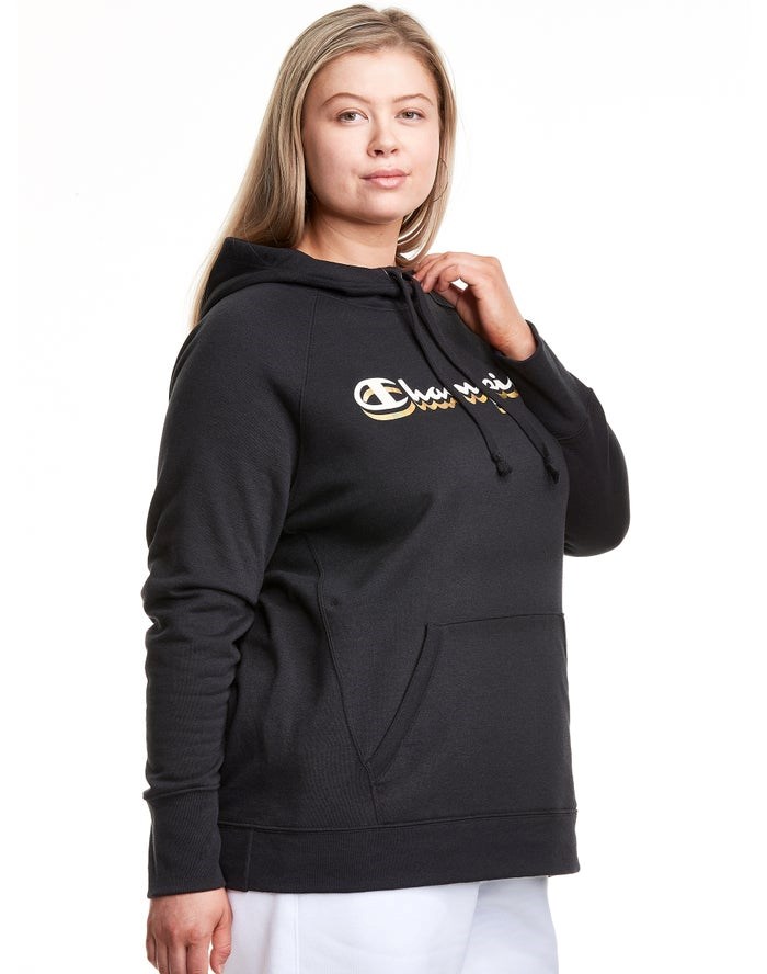 Champion Plus Powerblend Fleece Drop Shadow Foil Script Logo Hoodie Dam Svarta | 3125607-AH