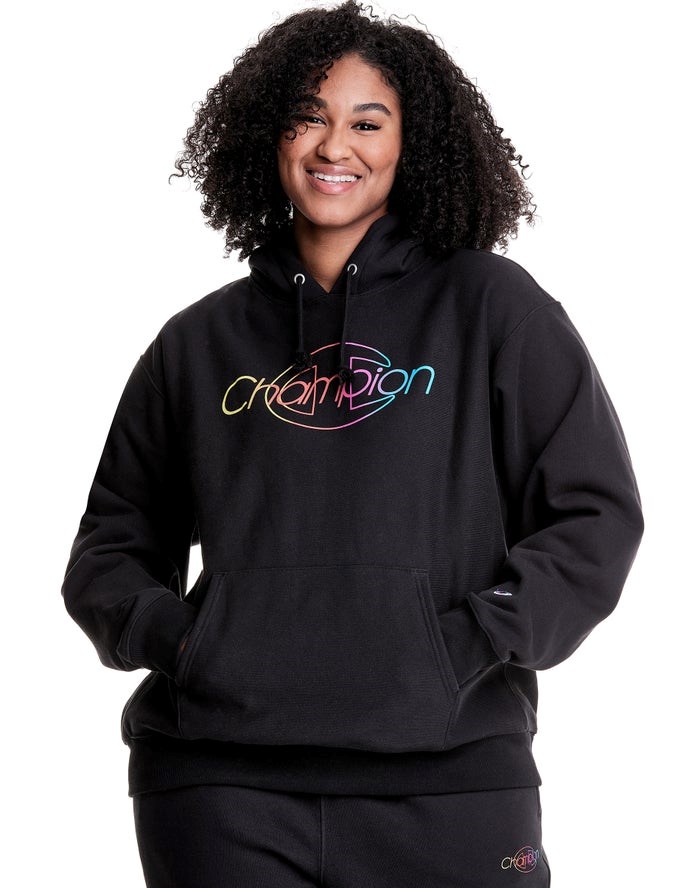 Champion Plus Reverse Weave Rainbow Logo Hoodie Dam Svarta | 6274815-CL