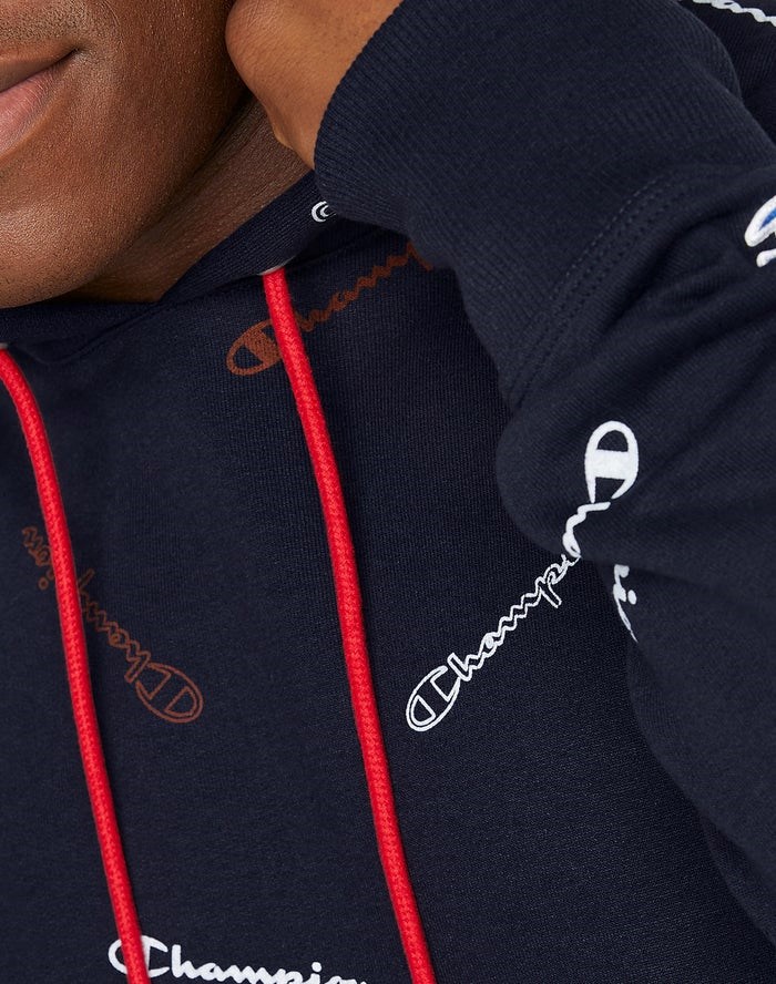 Champion Powerblend All Over Logo Hoodie Herr Marinblå | 0182975-PX