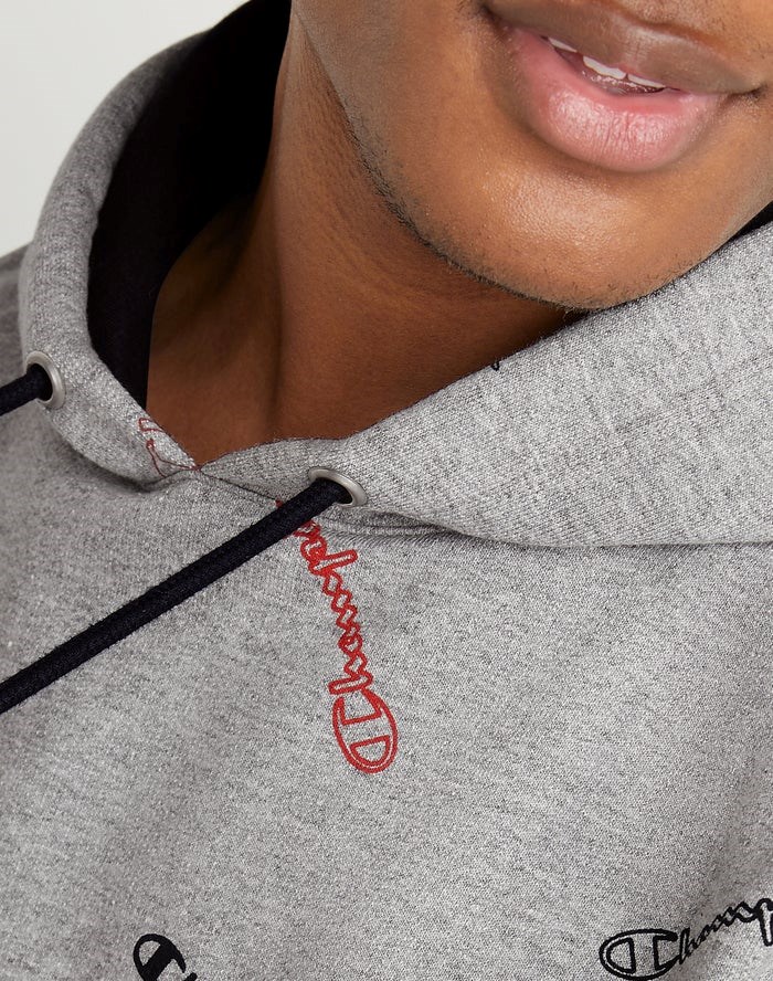 Champion Powerblend All Over Logo Hoodie Herr Grå | 0541283-PR