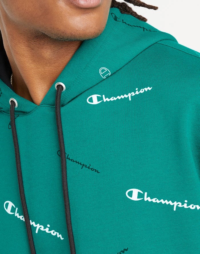 Champion Powerblend All Over Logo Hoodie Herr Gröna | 6738510-FU