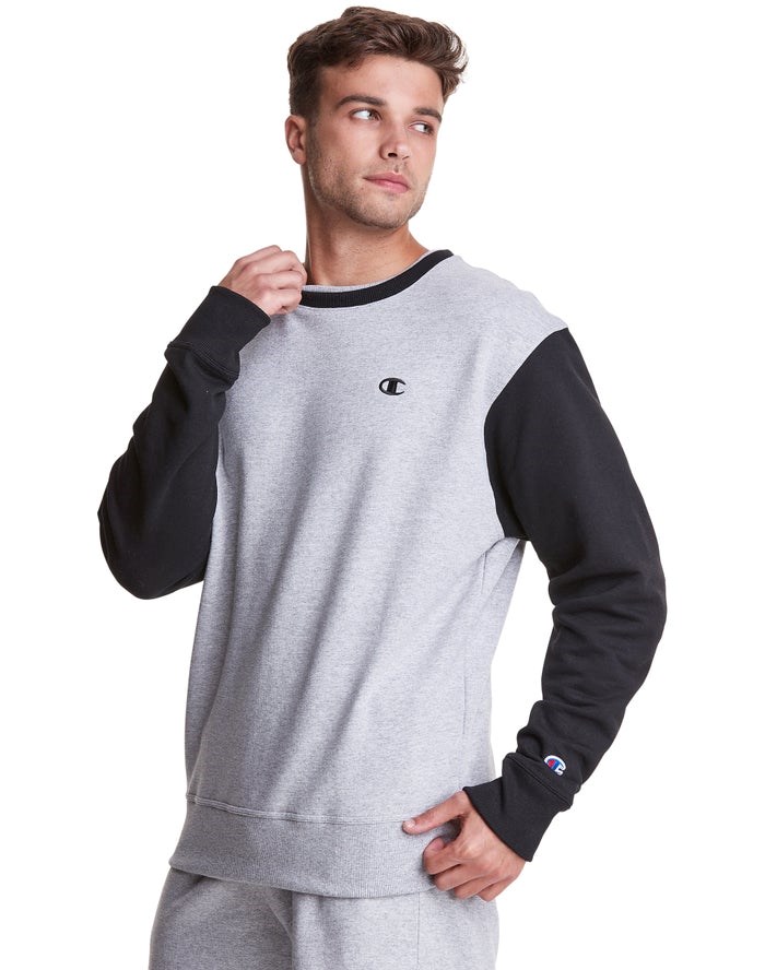 Champion Powerblend Fleece Crew Double Collar Crew Embroidered C Logo Tröjor Herr Grå Svarta | 0947268-PA