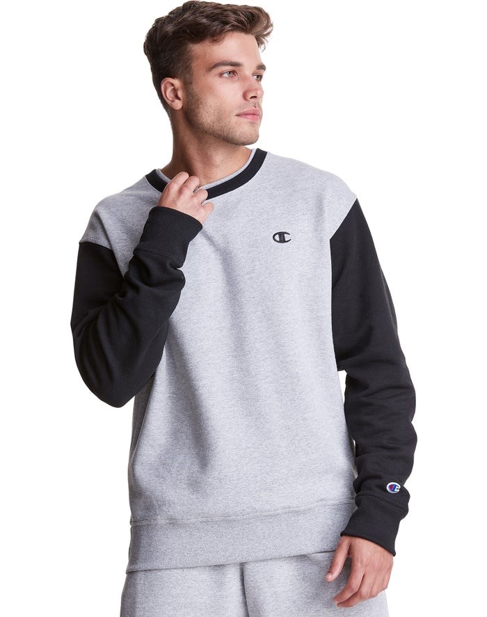 Champion Powerblend Fleece Crew Double Collar Crew Embroidered C Logo Tröjor Herr Grå Svarta | 0947268-PA