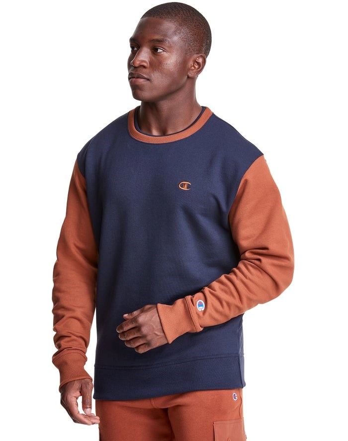 Champion Powerblend Fleece Crew Double Collar Crew Embroidered C Logo Tröjor Herr Marinblå Bruna | 4786132-OY