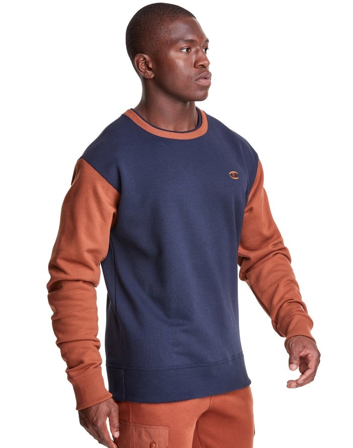 Champion Powerblend Fleece Crew Double Collar Crew Embroidered C Logo Tröjor Herr Marinblå Bruna | 4786132-OY